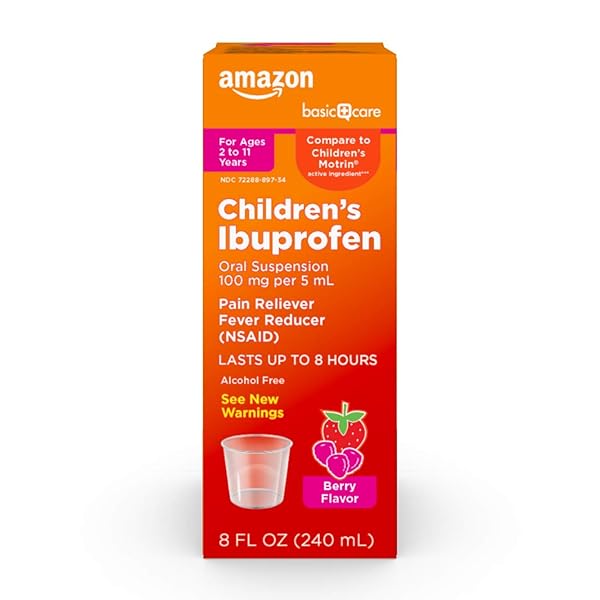 AMAZON BASIC CARE CHILDREN’S IBUPROFEN ORAL SUSPENSION, 100 MG PER 5 ML, PAIN RELIEVER AND FEVER REDUCER, BERRY FLAVOR, FOR SORE THROAT, HEADACHE RELIEF AND MORE, 8 FL OZ (PACK OF 1)