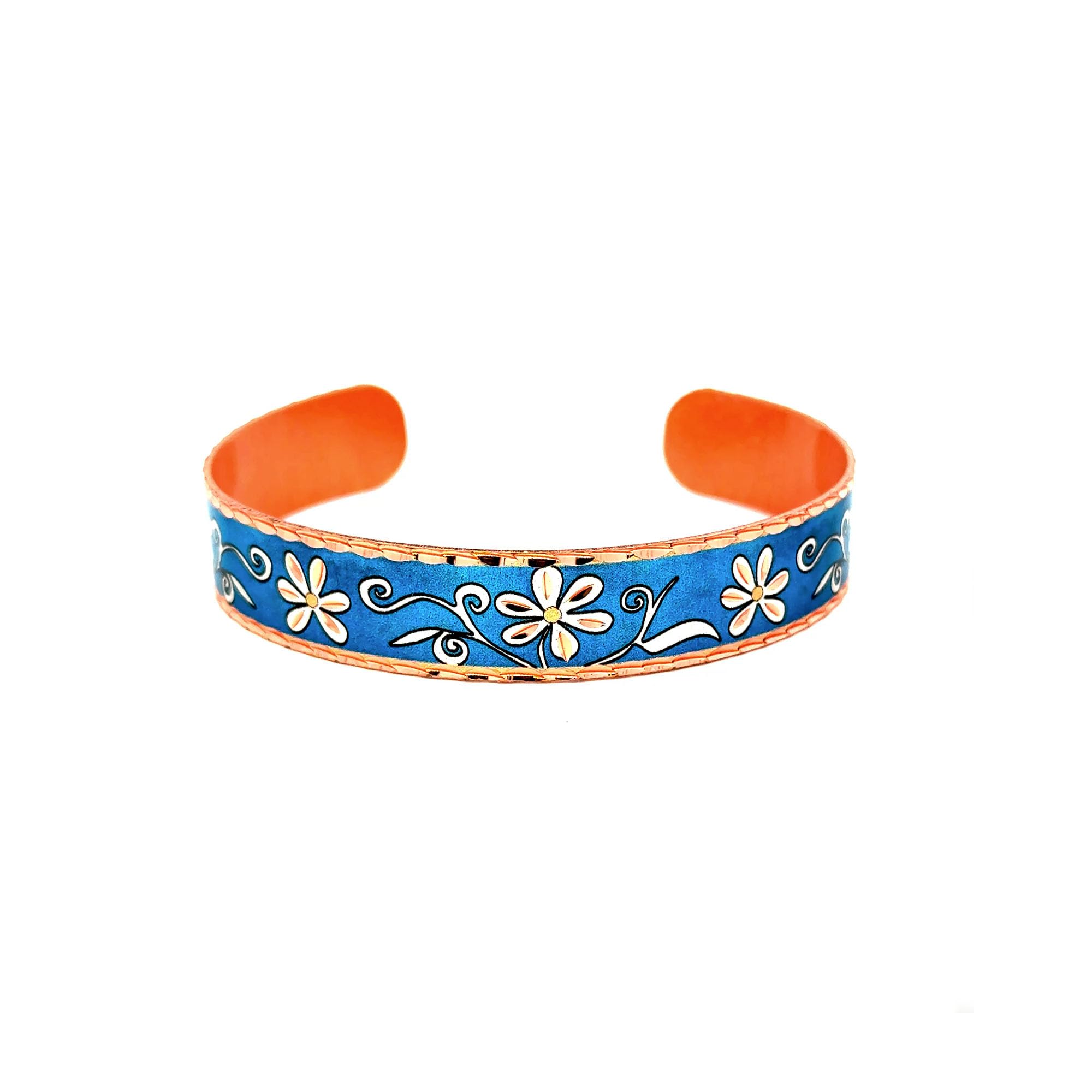 FRONT LINE JEWELLERY Blue Flower Bracelet – Handmade Adjustable Copper Cuff for Women – Boho Chic Floral Jewellery – Mother’s Day Gift