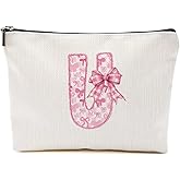 MQBMQB Pink Bow U, Alphabet Makeup Bag for Women, Washable Travel Organizer Toiletry Cosmetic Bag, Coquette Bow Letter Pattern Large Capacity Makeup Pouch with Zipper, Christmas Gifts for Women