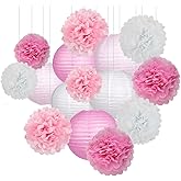 15Pcs Party Pack Paper Lanterns and Pom Pom Balls Hanging Decoration for Wedding Birthday Baby Shower-Pink/White