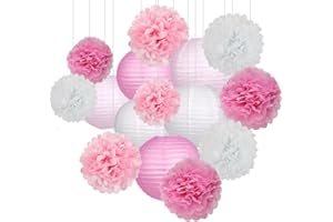 ZILUE 15Pcs Party Pack Paper Lanterns and Pom Pom Balls Hanging Decoration for Wedding Birthday Baby Shower-Pink/White