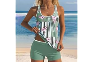 Women Patchwork Floral Tankini Swimsuit with Solid Boyshorts Two Piece Bathing Suit