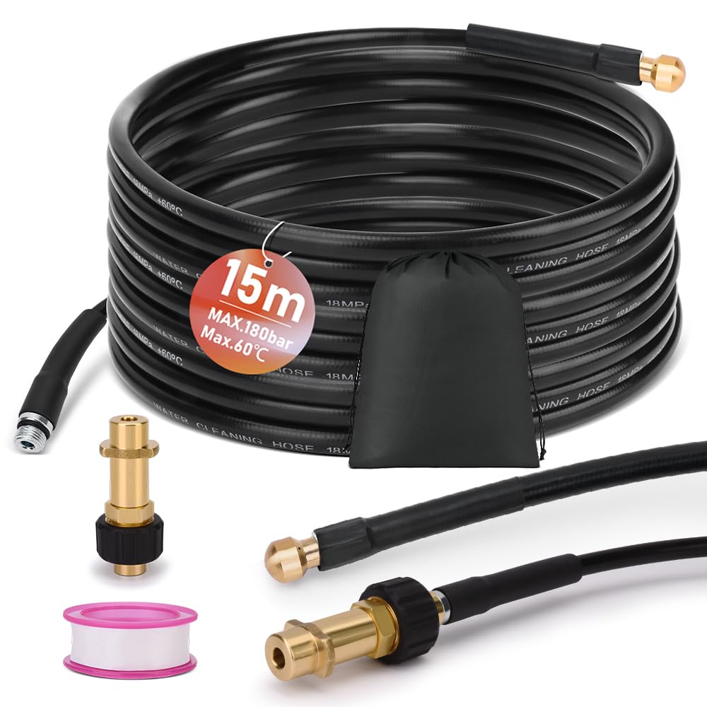 15 m pipe cleaning hose set for K2 K3 K4 K5 K6 K7, 180 bar 60 °C pipe cleaning set, including bag, rigid nozzles, drain cleaner, hose, drain hose for pressure washers