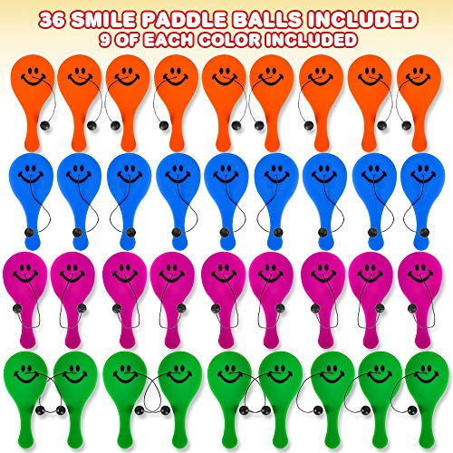 ArtCreativity Smile Face Paddle Balls, Pack of 36, Mini 4.5 Inch