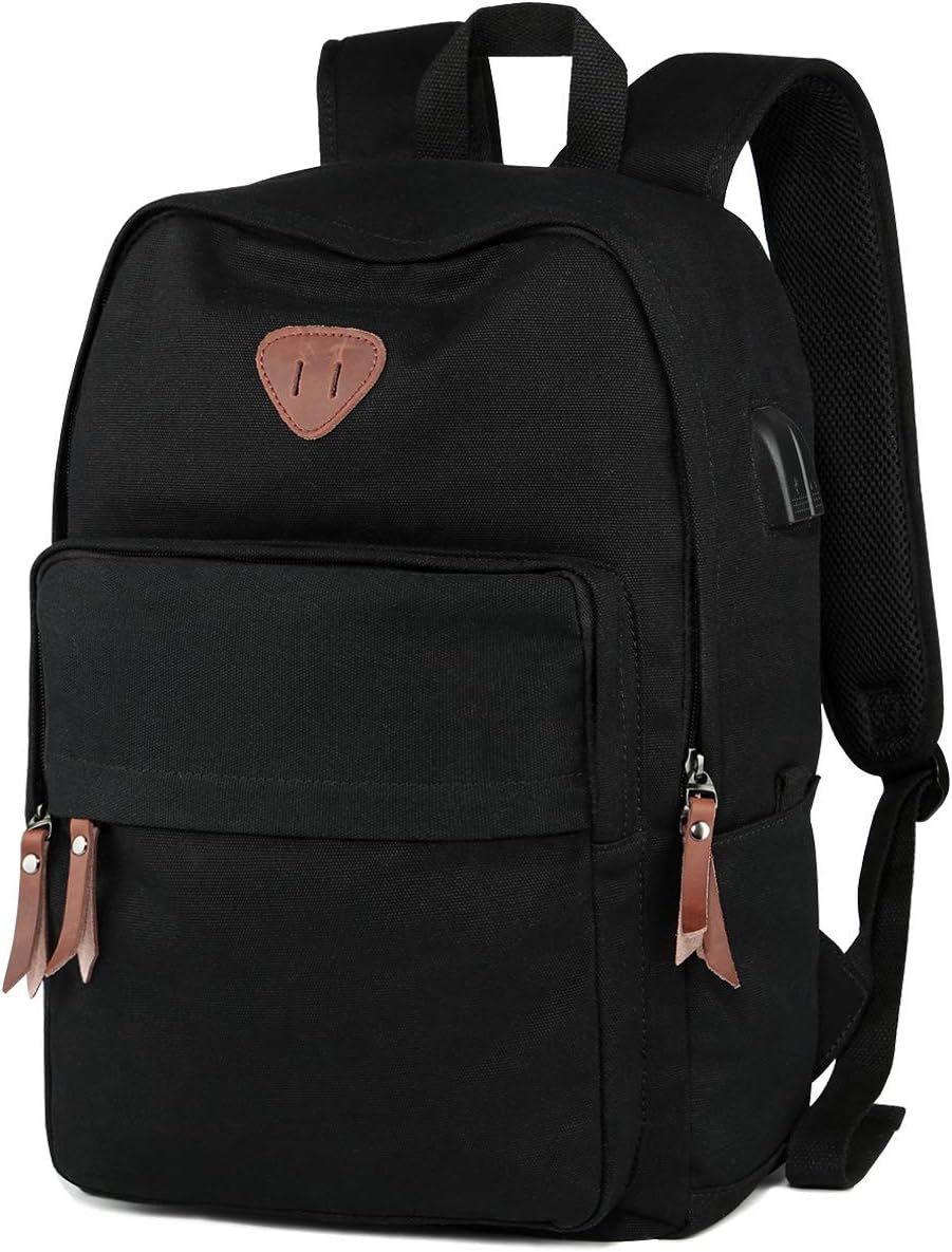 Ibagbar Student Backpack, Canvas School Backpack Durable Travel Laptop Backpack with USB Charging Port School Book Bag Rucksack for Men&Women (Black II with USB)