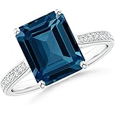 Angara Natural London Blue Topaz Ring for Women | Emerald-Cut London Blue Topaz Cocktail Ring with Diamonds in 14K Solid Gold/Platinum | December Birthday, Gemstone Jewellery Gift
