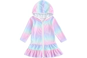 SAYOO Kids Girl Swim Cover Up Hooded Zip-Up Tie Dye Terry Swimsuit Cover-ups Beach Robe Dress Bathrobe Towel Bathing Suit