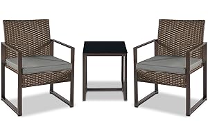 YIYAN 3 Pieces Outdoor Furniture Set Patio Rattan Wicker Chairs & teatable,Lawn Garden Balcony Backyard,with Washable Cushion (Gray)