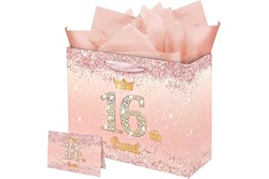 Vichona Rose Gold 16th Birthday Gift Bag for Girls, Sweet 16 Gifts Decorations, 16 Years Old Gift Bag Card for Daughter, Granddaughter, Friends