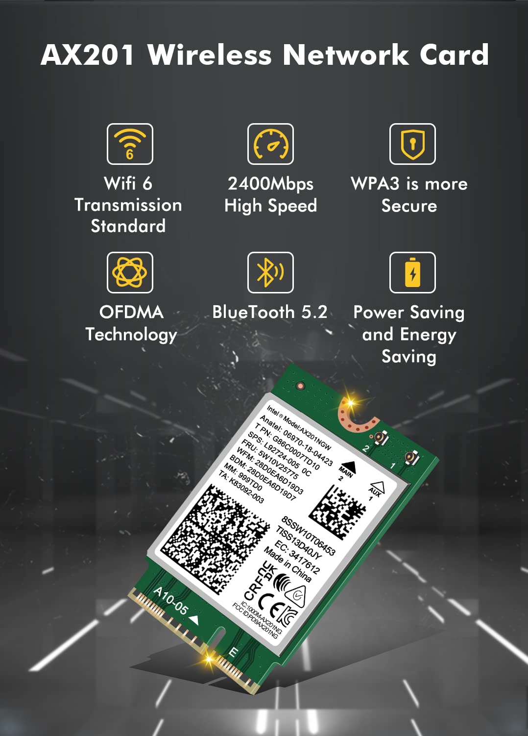 WiFi 6 Wireless Card Intel AX201 NGW. Only Support CNVio2 Protocol and Intel 10/11/12/13th Generation CPU, Bluetooth 5.2, 2400Mbps, Network Adapter for Laptop Support Windows 10/11 (64bit),Linux.