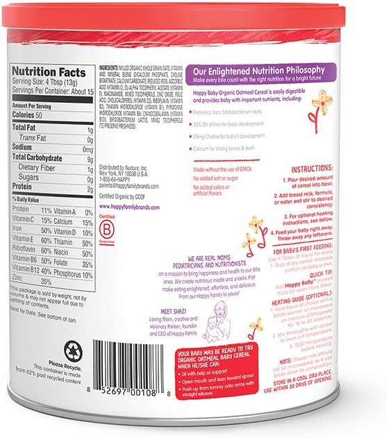 happy baby organic probiotic baby cereal oatmeal with iron probiotics
