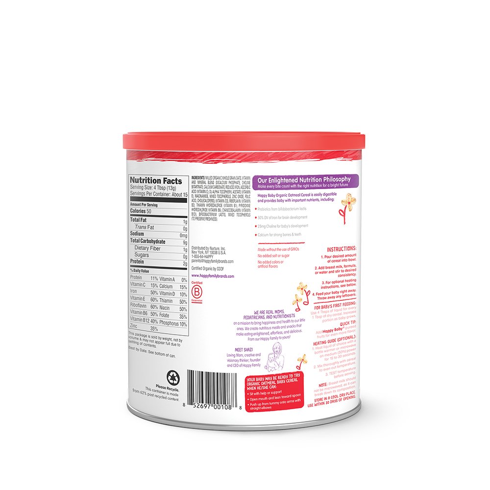 Happy Baby Organic Probiotic Baby Cereal with Choline Oatmeal, 7 Ounce
