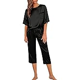 SWOMOG Womens 2 Piece Satin Pajamas Silk Short Sleeve Pjs Sets Capri Bottom Pajama Pants Loose Outfit with Pockets
