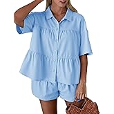 Cicy Bell Womens 2 Piece Outfits Summer Pleated Button Down Shirts High Waisted Shorts Lounge Sets