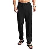 SEVEGO Mens Casual Linen Pants 30''/32''/34''/36'' Elastic Waist Drawstring Straight-Legs Summer Beach Loose Fit Trouser