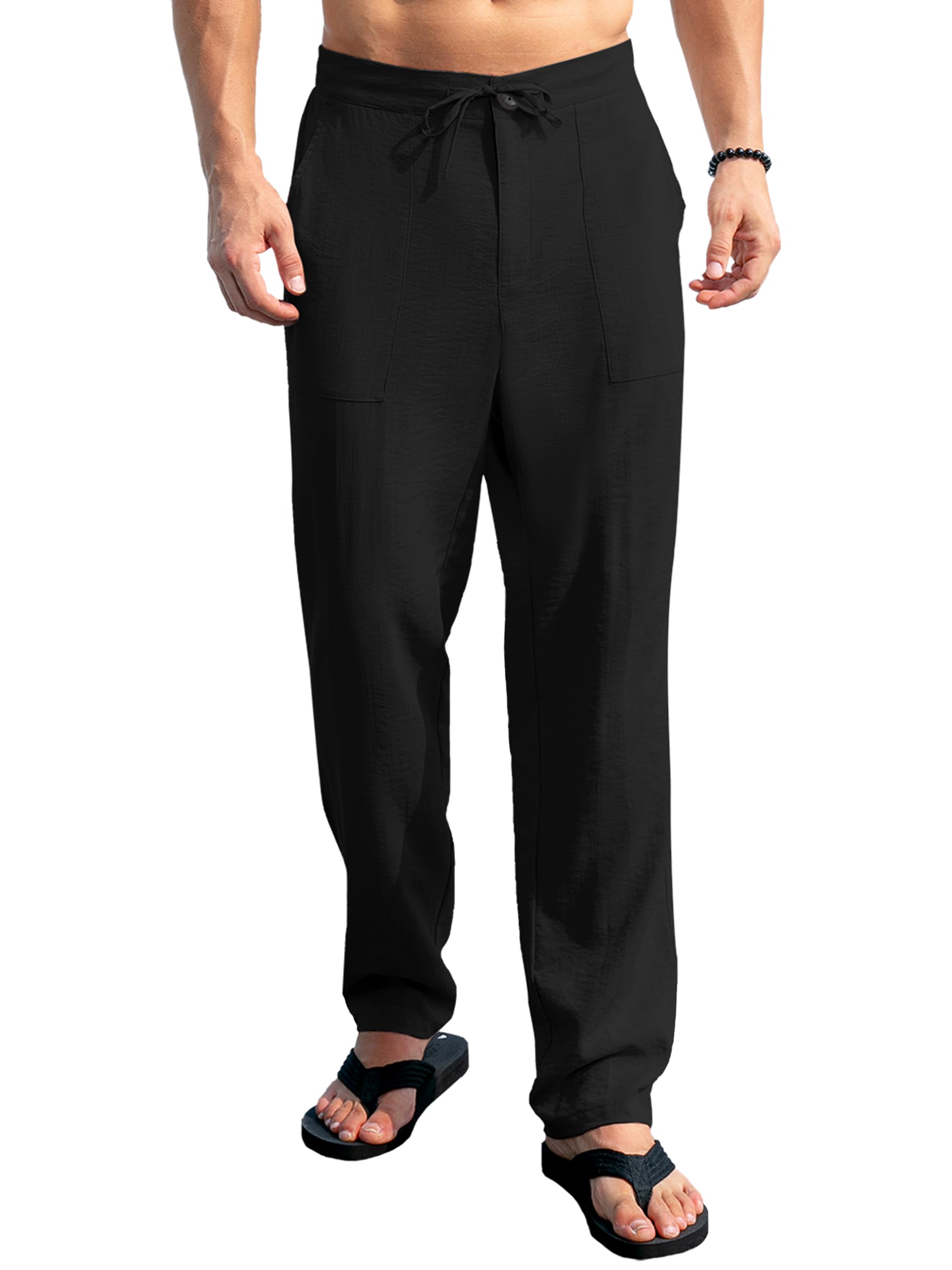 Photo 1 of SEVEGO Mens Casual Linen Pants 36'' Elastic Waist Drawstring Straight-Legs Summer Beach Loose Fit Trousers Black, L