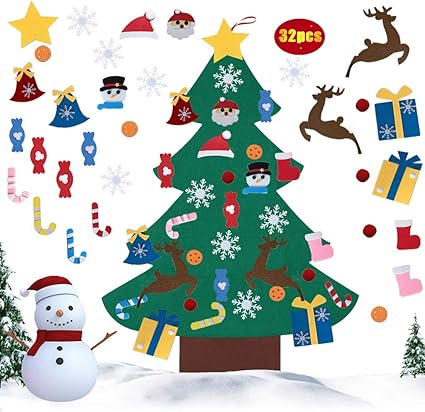 Amazon Co Jp Diy フェルトクリスマスツリー 幼児用 32個 オーナメント Diy ホームデコレーション 壁掛け 子供用フェルトクラフトキット クリスマス 新年用 ホーム キッチン