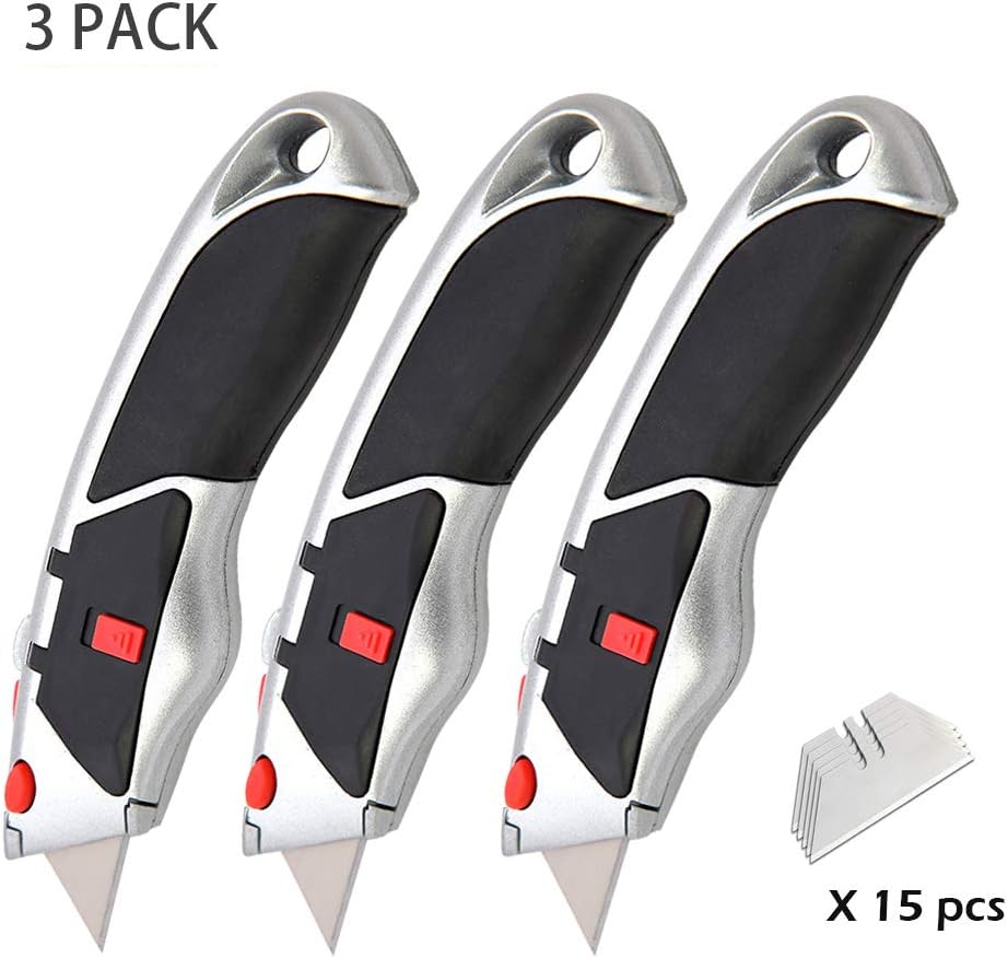 Razor Utility Knife, Heavy Duty Auto-Load Box Cutter with Quick Change Blade Mechanism, Ergonomic Retractable 3 Position Blade Locking Saddle,No Slip Rubber Grip Handle (3 Pack,15 Blades)