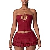 Mandonce Sexy Outfits For Women Going Out Sleeveless Hollow Strappy Skinny Bustier Crop Top and Low Rise Pleated Skirt