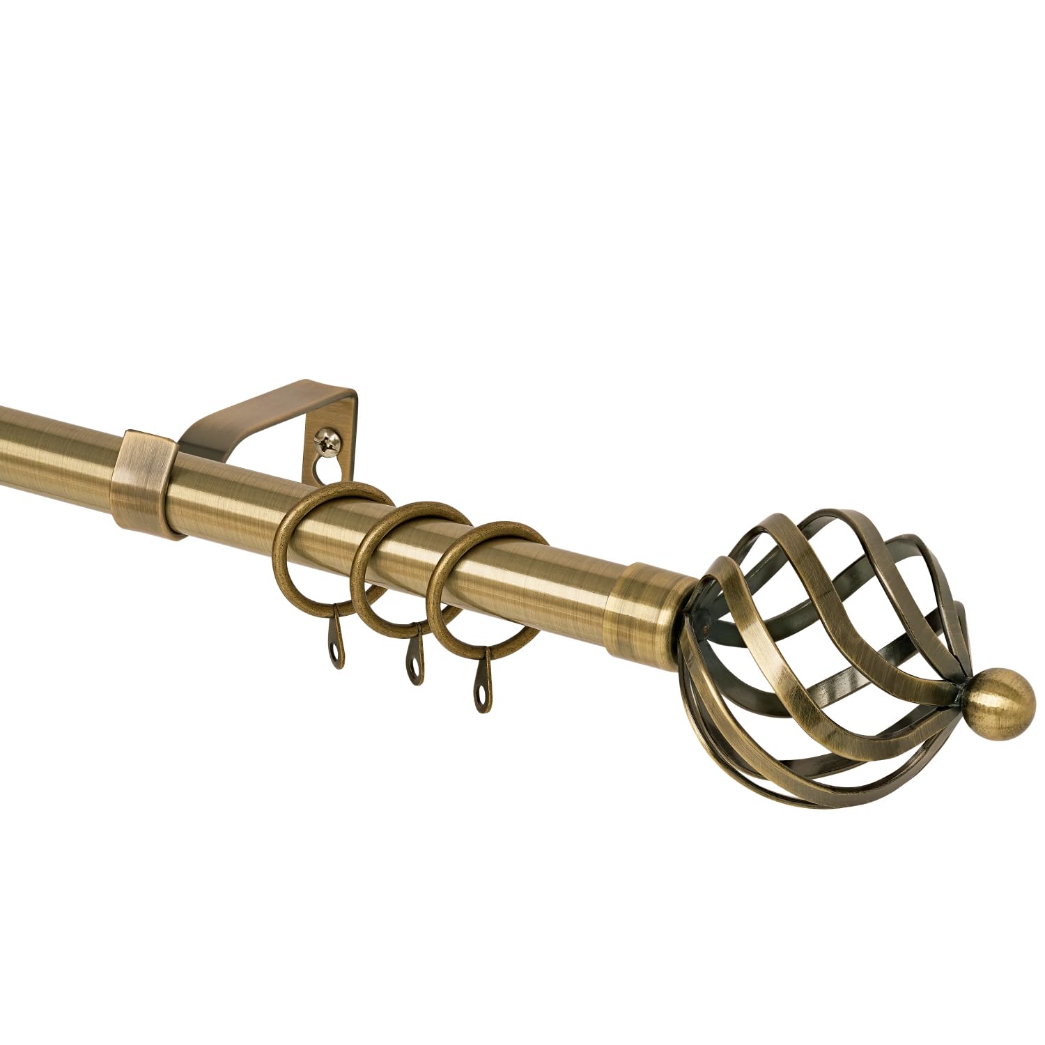 WL.Rocaille Curtain Pole Single Spiral Metal Extendable Adjustable 16/19mm Diamete Curtain Rod Set Decorative Window Includes Pair Of Finials Rings Brackets (Antique Brass, 160-300cm, 66-120inch)