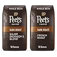Peet's Coffee, Dark Roast Whole Bean Coffee Bundle - Major Dickason's Blend and French Roast 36 Ounces (2 Bags of 18 Ounces)