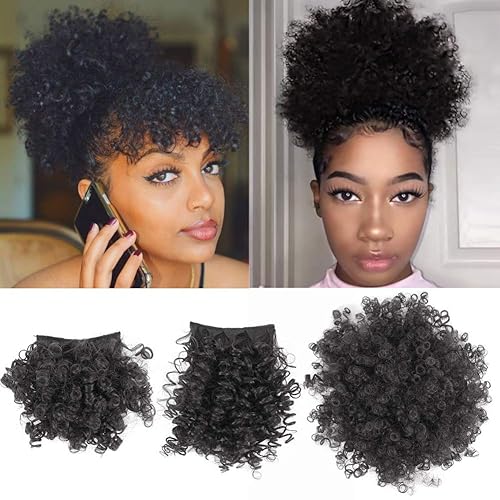 Allyreetress Afro Puff Drawstring Ponytail with Bangs Pineapple Updo Hair  for Black Women,Short Kinky Curly Ponytail Bun with Replaceable
