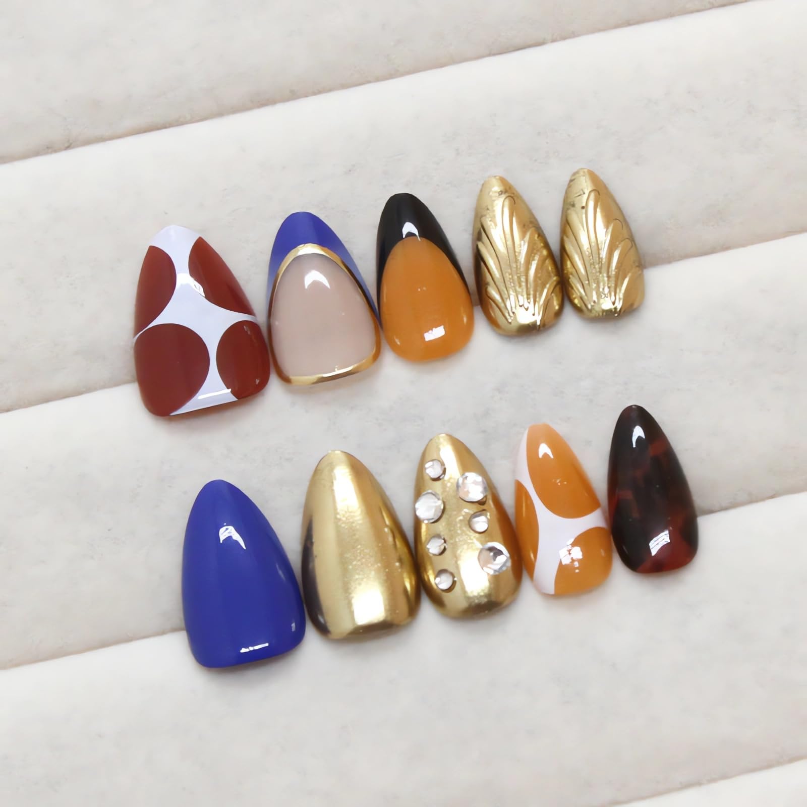 LPOODDNU French Stereoscopic Press on Nails Almond Shaped Autumn Winter Metallic Effect Fake Nails Medium Length Glue on Nails Multicolored 3D Handmade Acrylic Nails Cute Stick on Nails for Women - Image 4