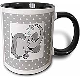 3dRose mug_37284_4 "Adorable Baby Elephant On Dotted Gray and White" Two Tone Black Mug, 11 oz, Multicolor