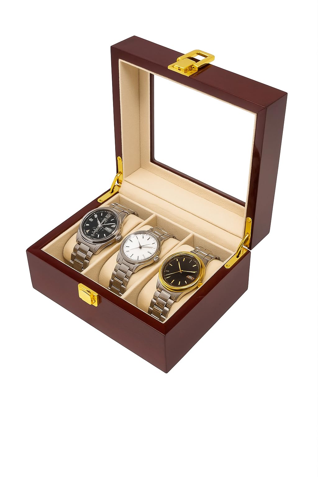 JRose Collections Luxury Wooden Watch Box with Glass Lid – 3 Slot Watch Storage Organizer with Velvet Interior & Gold Clasp – Dark Cherry Finish – Gift Case for Men & Women