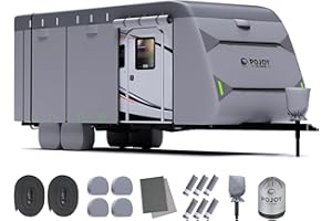 POJOY Waterproof Windproof RV Travel Trailer Cover, Anti-Rip Anti-UV 600D Oxford Fabric Camper - With Tongue Jack, Tire, Gutter Covers for 31'7"-34'