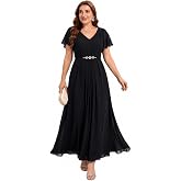 Ever-Pretty Plus Women's Chiffon Maxi Plus Size Formal Wedding Guest Dress | V-Neck, Short Sleeve, Rhinestone Waist, A-Line, Plus Size Mother of the Bride Dress, Plus Size Formal Dresses