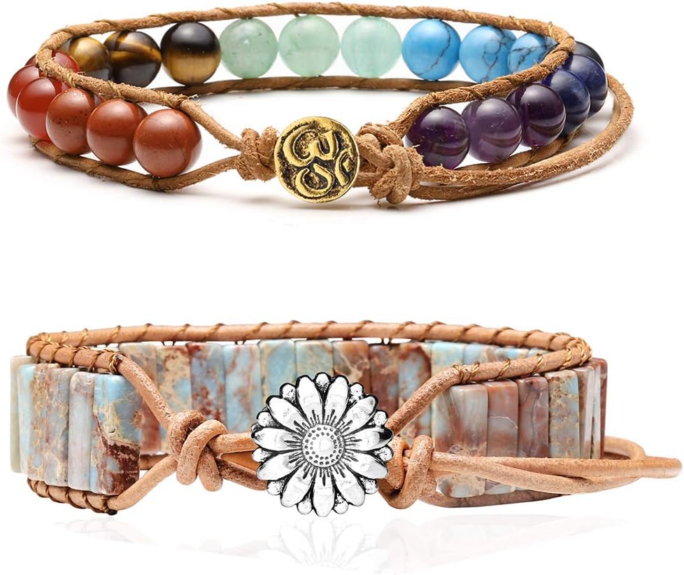 JOVIVI 2pc Vintage 7 Chakra Healing Crystals Imperial Jasper Gemstone Beads Braided Leather Bracelets Adjustable Women Sister Best Friend Friendship Gifts