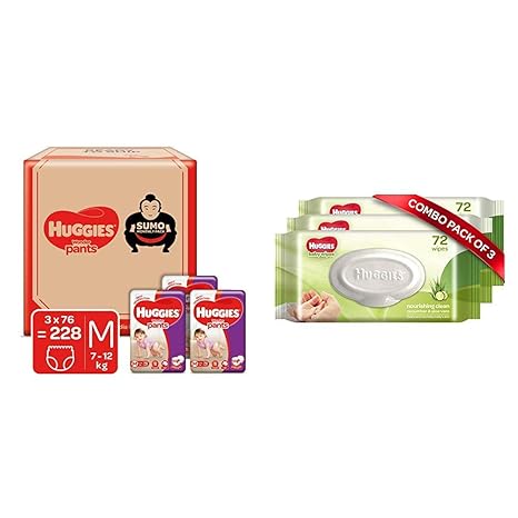 Huggies Wonder Pants Diapers Sumo Pack, Medium (228 Count) & Huggies Baby Wipes - Cucumber & Aloe, Pack of 3 (216 Wipes)