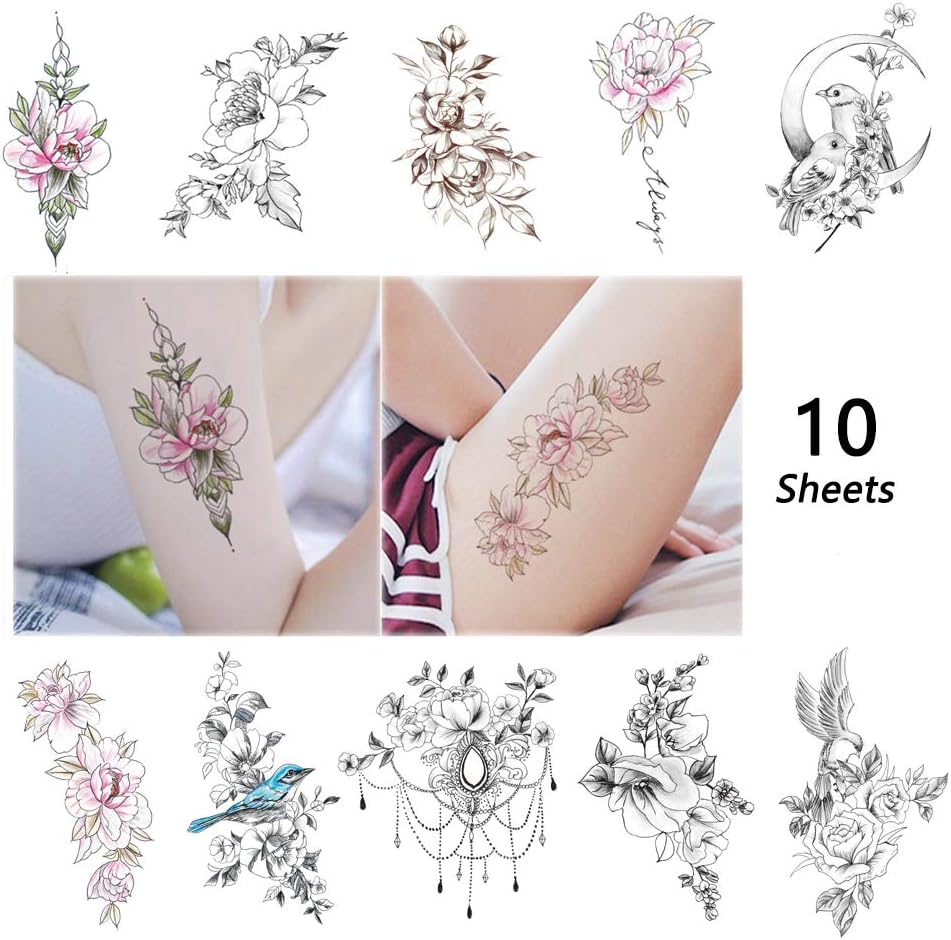 Rose Temporary Tattoos Black Lace Sexy Realistic Flower Bird Tattoo Stickers 10 Large Sheets Peony Flower Tattoos for Women Girls Female Chest Arms Thigh