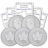 2026 - Lot of (5) 1 oz Canadian Maple Leaf Silver Coins $5 Seller BU | Brilliant Uncirculated with Certificates of Authenticity