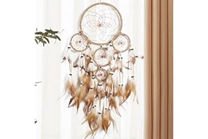 EasyBravo Brown Dream Catcher with 5 Circles Handmade Boho Wall Hanging Decor Nature Feathers Dream Catchers