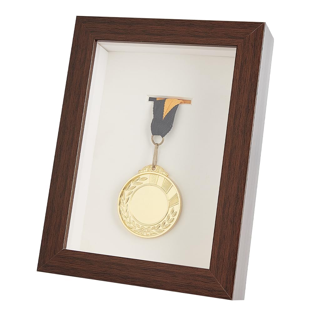 OLYCRAFT Medal Display Shadow Box Coconut Brown Medal Display Case Natural Wood Photo Frames with Clear Window for Sports Medals Military Medals Award Insignia 152x202x44mm