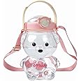 Kawaii Bear Straw Bottle,Leak-Proof Water Bottle with Adjustable & Removable Shoulder Strap for Boy and Girls (Pink)