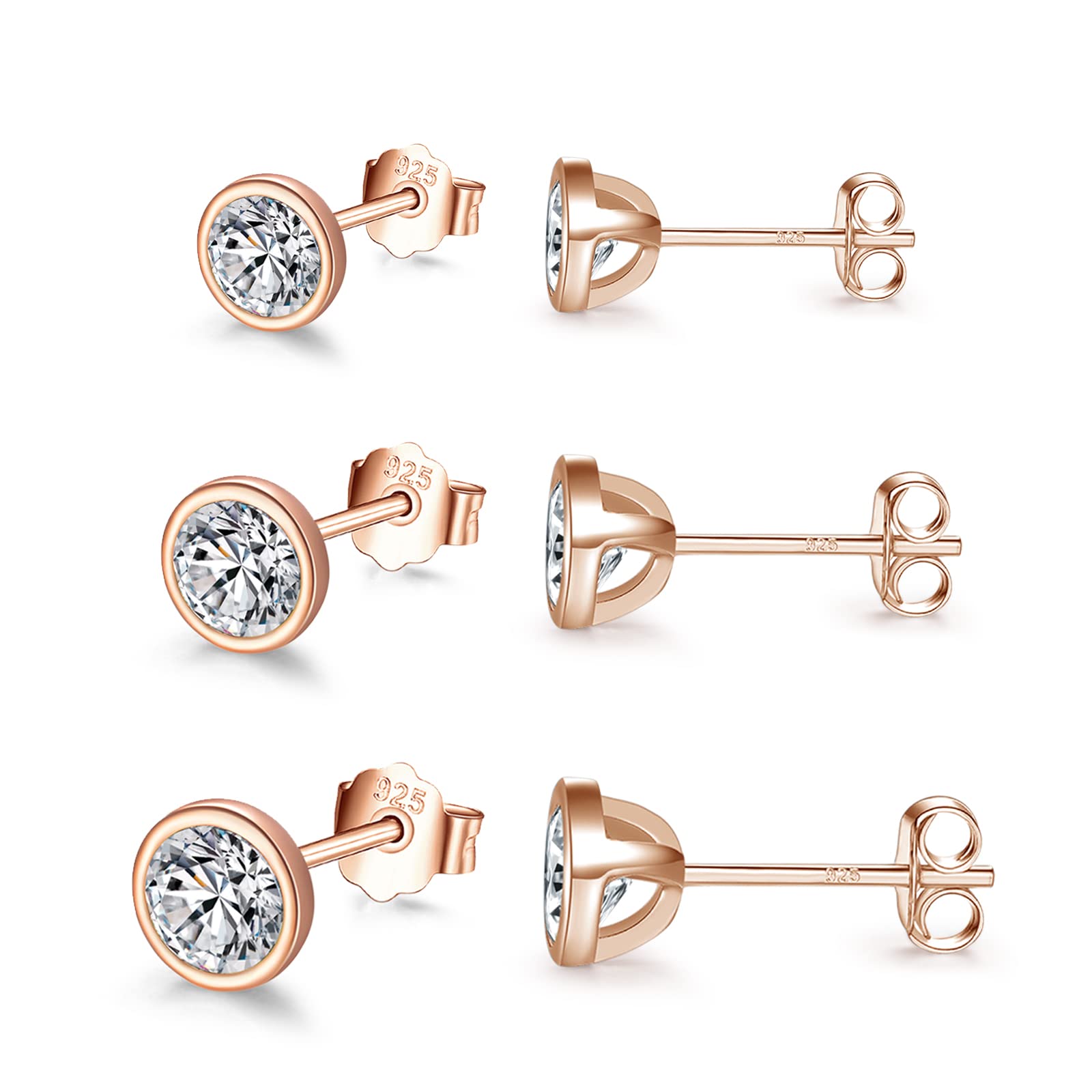 wynn's Silver Stud Earrings for Women, 3 Pairs 925 Sterling Silver Stud Earrings, Rose Gold Round Cubic Zirconia Stud Earrings Set, Tiny Small Sleeper Cartilage Studs for Men Girls Kids (3,4,5mm)