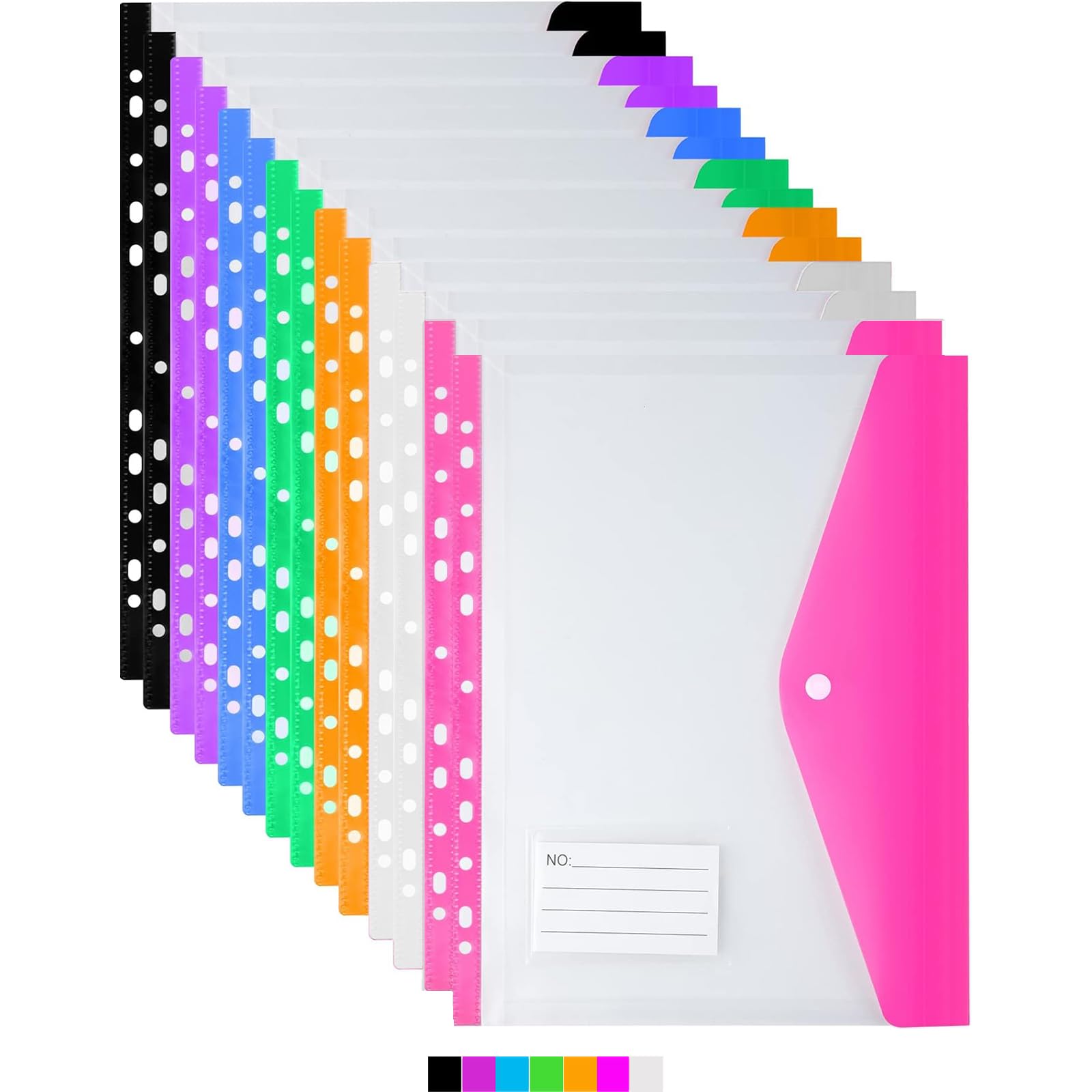 14 Pack Clear Plastic Wallets A4 Punched Pockets, 11 Holes Expandable Binder Pocket Colourful File Jackets, Document Folders with Snap Button & Label Pocket for School Home Office
