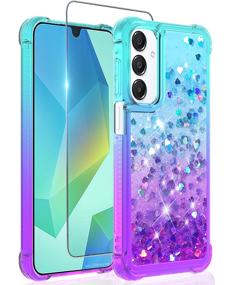 Guzhthi for Galaxy A16 5G Case: Clear Glitter Flowing Liquid Quicksand Shockproof Corner Phone Case for Samsung Galaxy A16 5G with Tempered Glass Screen Protector -TealPurple
