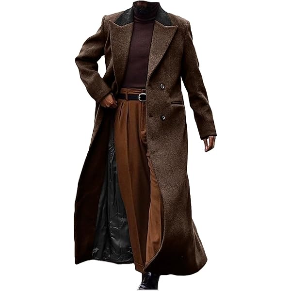 Lunuaoe Man's Double Breasted Full Length Trench Coat Casual Notch