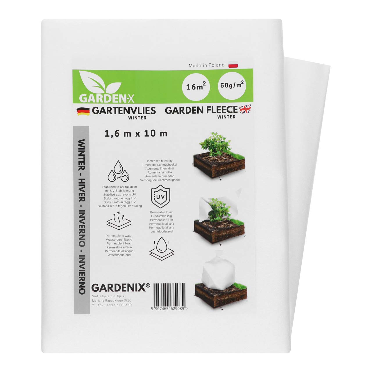 GARDENIX® 16 m² Winter Fleece for Plants - Frost Plant Protection - UV stabilised 50g/sm - Tear-Resistant and Water Permeable (1,6m x 10m)