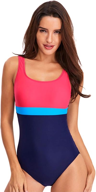 Womens One Piece Swimsuit Tummy Control Striped Sports Scoopback