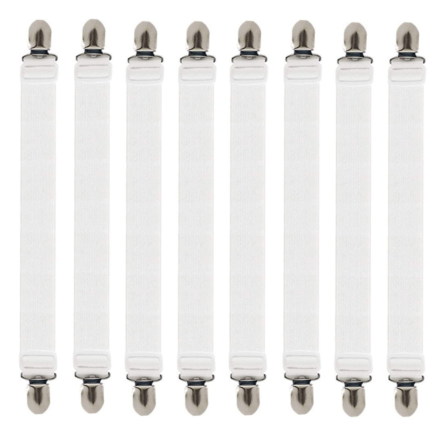 Weysoo Bed Sheet Fasteners, 8Pcs Adjustable Bed Sheet Straps, White Elastic Sheet Clips for Bedding, Fitted Bed Sheet Grippers to Keep Your Sheets in Place