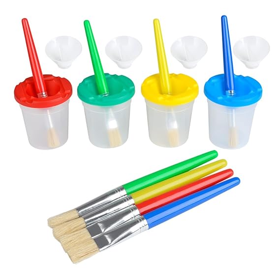 TIMESETL 4pcs Paint Cups Lids Non Spill + 8pcs Paint Brushes Kids