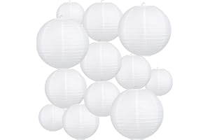Peywot 12Pcs Round Paper Lanterns Assorted Sizes (6" 8" 10" 12") for Home Decor, Restaurant, Church, Wedding, Birthday Party Decorations, Hanging Chinese Japanese Paper Lantern Lamps (White)