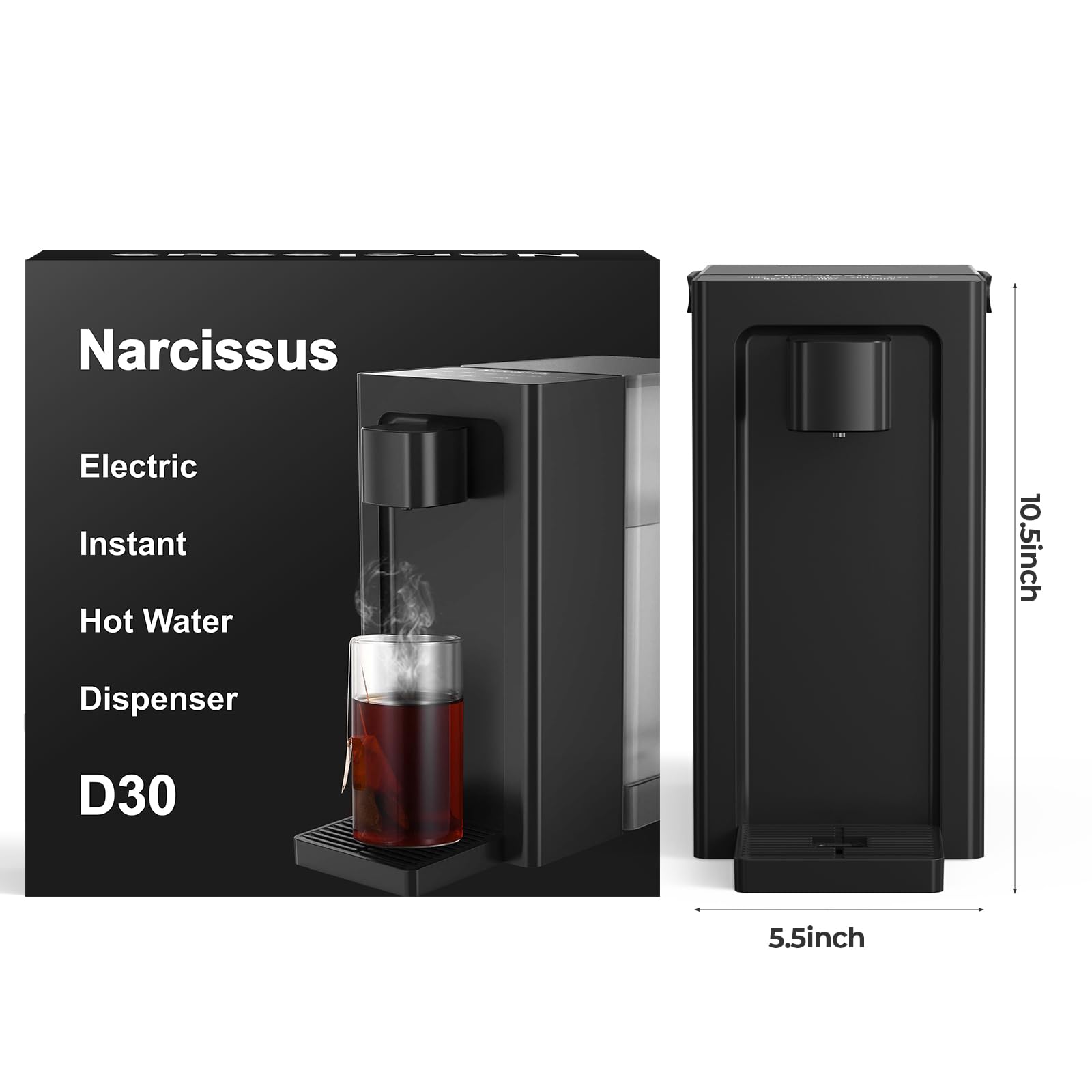 Narcissus D30 Dispensador instantáneo de agua caliente para encimera para calentamiento y dispensación rápidos, dispensación ajustable de 5 temperaturas y 4 volúmenes de agua, tanque de agua extraíble de 100 onzas de capacidad con asa de transporte, sin BPA