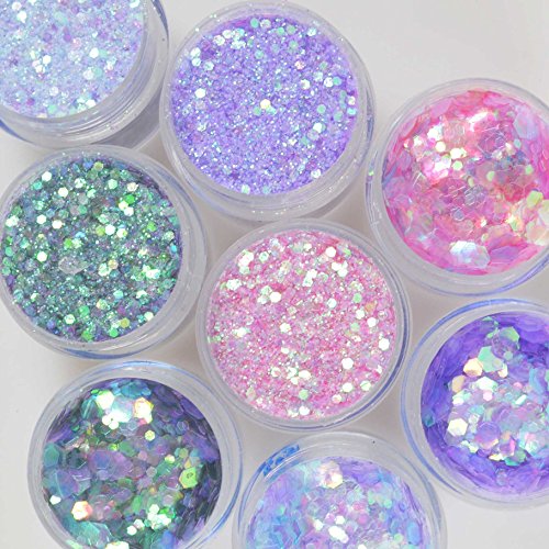 COKOHAPPY 2 Sheets Face & Breast Mermaid Rhinestones Sticker Gem with 8 Boxes 10ml Holographic Chunky Glitter Ultra-thin Colorful Mixed Paillette - Festival Rave Party Jewel Tattoo Set 1