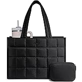 LOVEVOOK Tote Bag for Women, Puffer Work Handbag 15.6 Inch Laptop Purse for Nurse Teacher, Large Quilted Travel Tote Shoulder Bag with Zipper for College Office Clinical Gym, Black